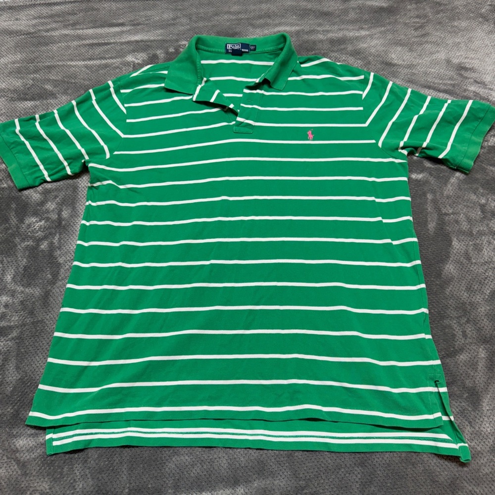 Polo Ralph Lauren Mens 2XLT Green White Striped Short Sleeve Polo Shirt Pink - Picture 2 of 8
